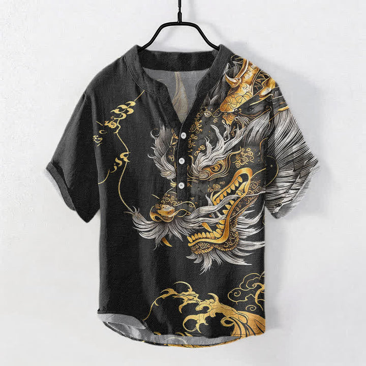 Buddha Stones Cotton Golden Dragon Pattern Men's Short Sleeve Half Button Shirt - Black - US/UK/AU50，EU60 (5XL) - image 0