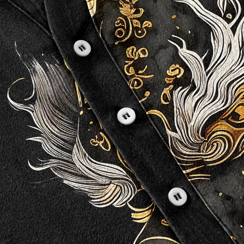 Buddha Stones Cotton Golden Dragon Pattern Men's Short Sleeve Half Button Shirt - image 3