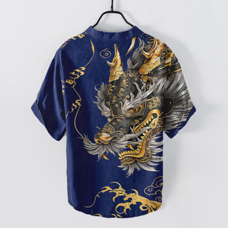 Buddha Stones Cotton Golden Dragon Pattern Men's Short Sleeve Half Button Shirt - image 6