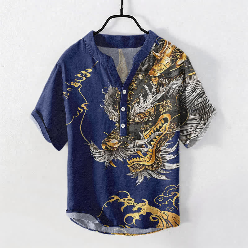 Buddha Stones Cotton Golden Dragon Pattern Men's Short Sleeve Half Button Shirt - Navy - US/UK/AU50，EU60 (5XL) - image 5