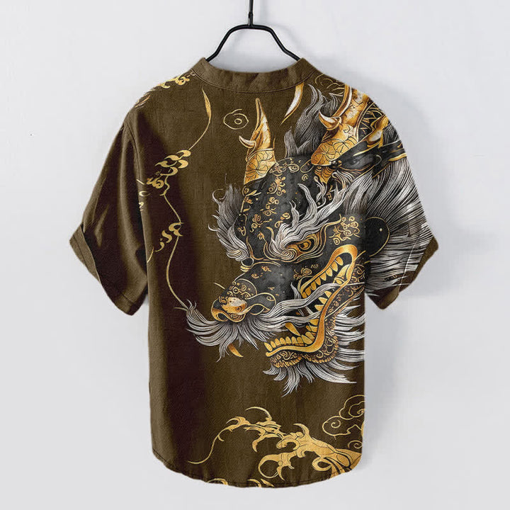 Buddha Stones Cotton Golden Dragon Pattern Men's Short Sleeve Half Button Shirt - image 8