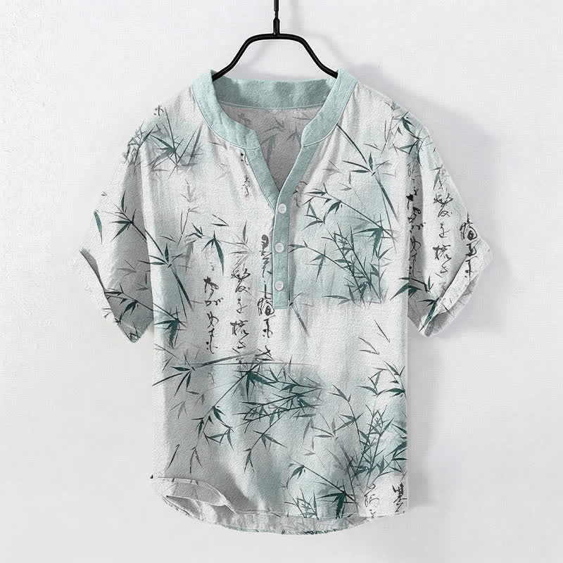Buddha Stones Cotton Ink Bamboo Calligraphy Pattern Men's Short Sleeve Half Button Shirt - PaleTurquoise - US/UK/AU50，EU60 (5XL) - image 0