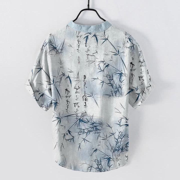 Buddha Stones Cotton Ink Bamboo Calligraphy Pattern Men's Short Sleeve Half Button Shirt - image 4