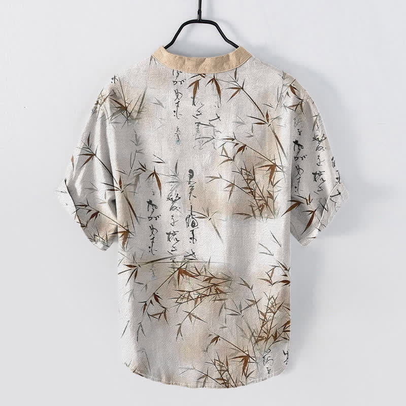 Buddha Stones Cotton Ink Bamboo Calligraphy Pattern Men's Short Sleeve Half Button Shirt - image 6