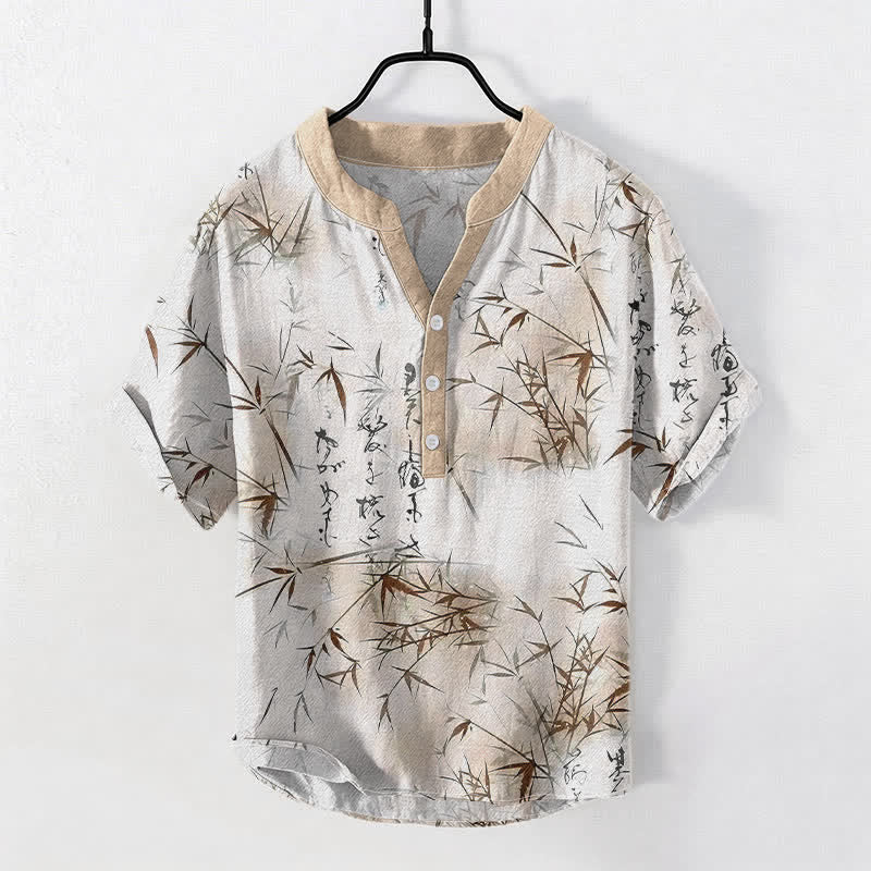 Buddha Stones Cotton Ink Bamboo Calligraphy Pattern Men's Short Sleeve Half Button Shirt - Linen - US/UK/AU50，EU60 (5XL) - image 5