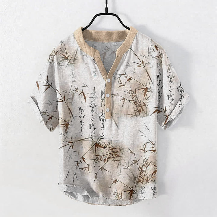 Buddha Stones Cotton Ink Bamboo Calligraphy Pattern Men's Short Sleeve Half Button Shirt - Linen - US/UK/AU50，EU60 (5XL) - image 5