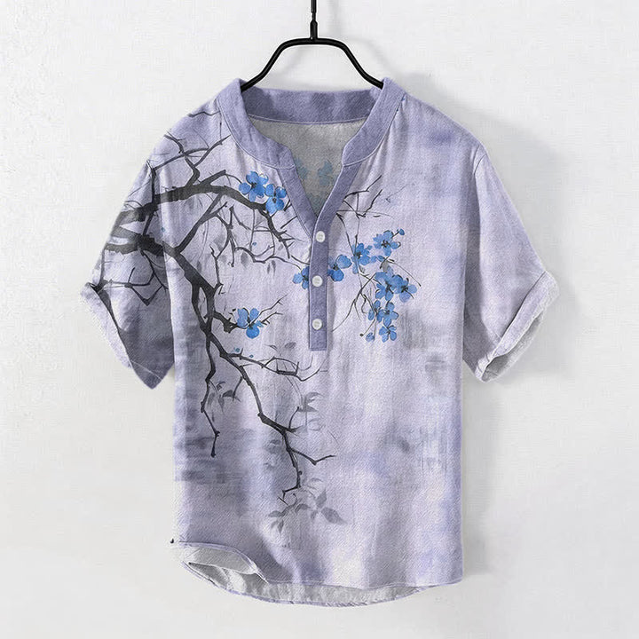 Buddha Stones Cotton Plum Blossom Branch Pattern Men's Short Sleeve Half Button Shirt - Lavender - US/UK/AU50，EU60 (5XL) - image 5