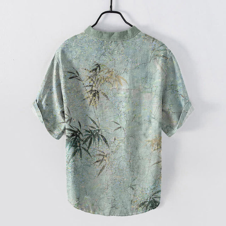 Buddha Stones Cotton Ink Bamboo Leaf Pattern Men's Short Sleeve Half Button Shirt - image 1