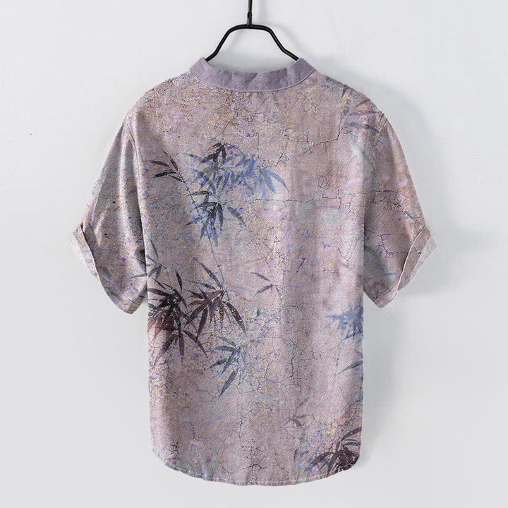 Buddha Stones Cotton Ink Bamboo Leaf Pattern Men's Short Sleeve Half Button Shirt - image 4