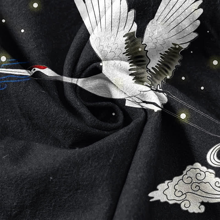 Buddha Stones Cotton Flying Crane Cloud Pattern Men's Short Sleeve Half Button Shirt - image 4