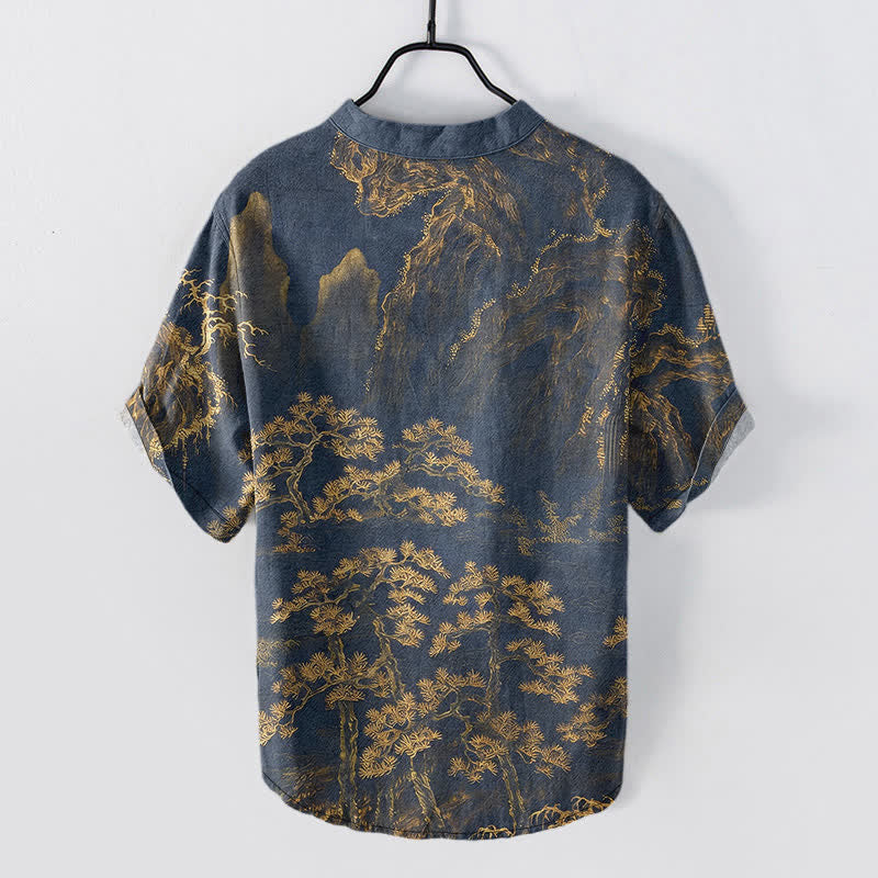 Buddha Stones Cotton Golden Mountain Pine Pattern Men's Short Sleeve Half Button Shirt - image 1