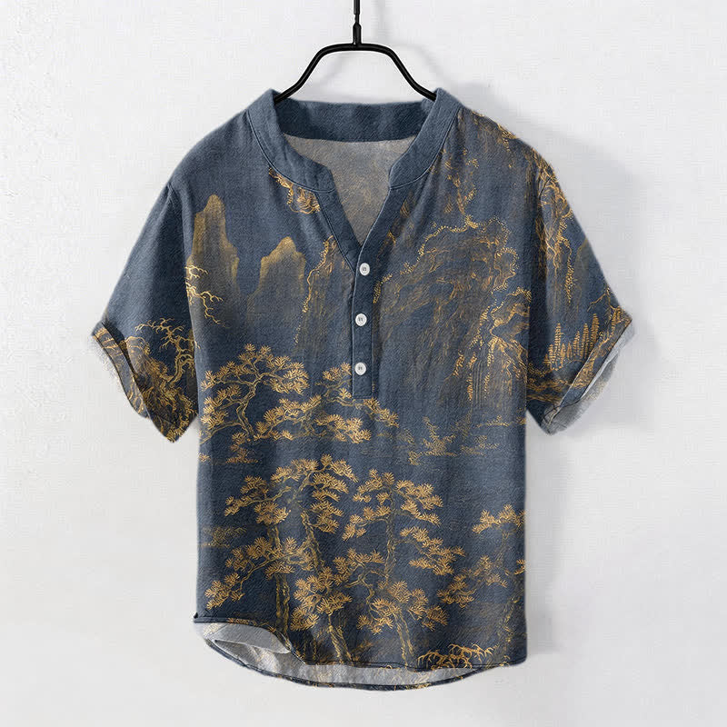 Buddha Stones Cotton Golden Mountain Pine Pattern Men's Short Sleeve Half Button Shirt - Goldenrod - US/UK/AU50，EU60 (5XL) - image 0