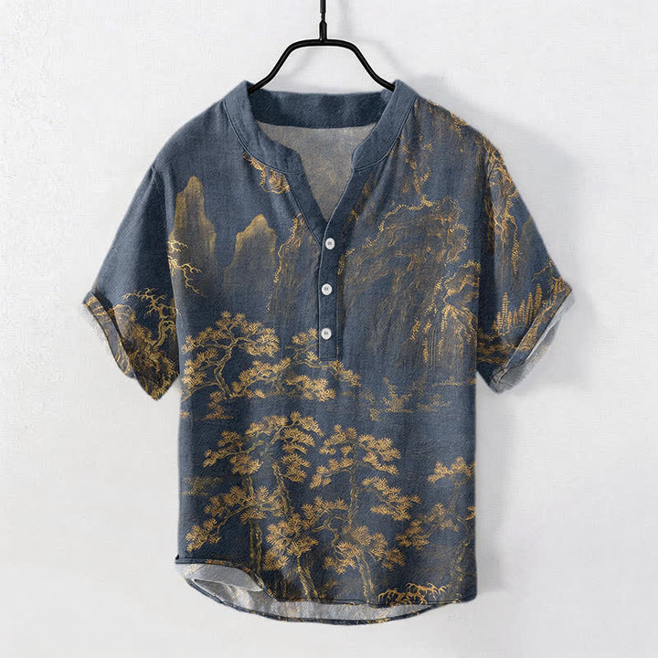 Buddha Stones Cotton Golden Mountain Pine Pattern Men's Short Sleeve Half Button Shirt - Goldenrod - US/UK/AU50，EU60 (5XL) - image 0