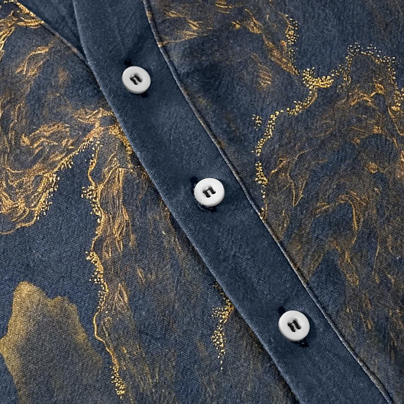 Buddha Stones Cotton Golden Mountain Pine Pattern Men's Short Sleeve Half Button Shirt - image 3