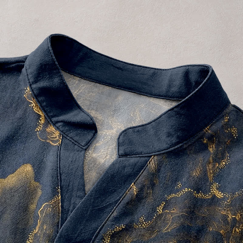 Buddha Stones Cotton Golden Mountain Pine Pattern Men's Short Sleeve Half Button Shirt - image 2
