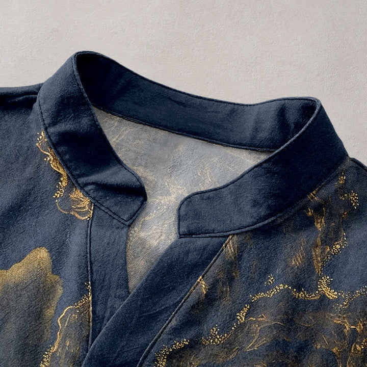 Buddha Stones Cotton Golden Mountain Pine Pattern Men's Short Sleeve Half Button Shirt - image 2