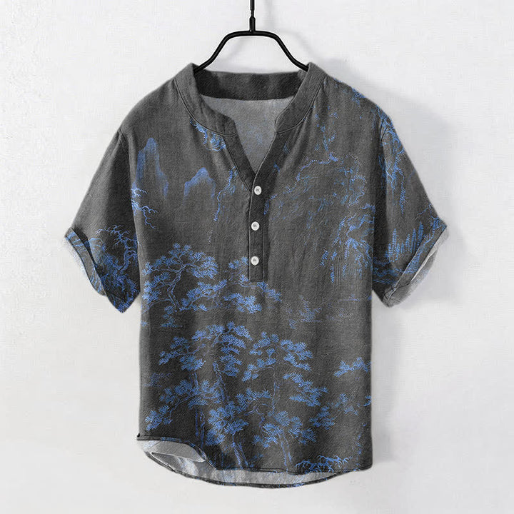 Buddha Stones Cotton Golden Mountain Pine Pattern Men's Short Sleeve Half Button Shirt - RoyalBlue - US/UK/AU50，EU60 (5XL) - image 7
