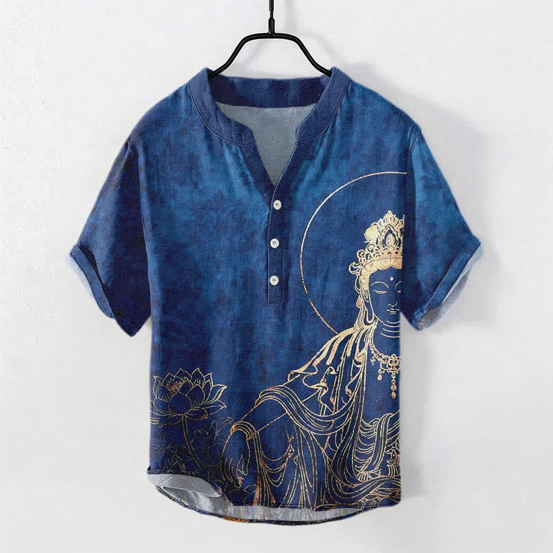 Buddha Stones Cotton Golden Buddha Lotus Pattern Men's Short Sleeve Half Button Shirt - Navy - US/UK/AU50，EU60 (5XL) - image 5