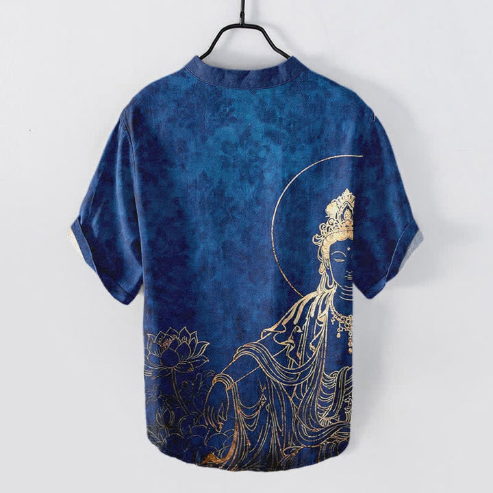 Buddha Stones Cotton Golden Buddha Lotus Pattern Men's Short Sleeve Half Button Shirt - image 6