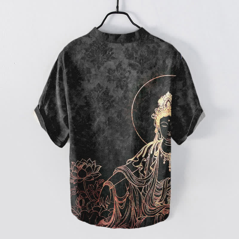 Buddha Stones Cotton Golden Buddha Lotus Pattern Men's Short Sleeve Half Button Shirt - image 8