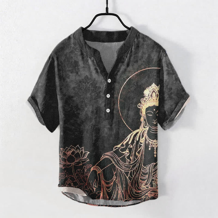 Buddha Stones Cotton Golden Buddha Lotus Pattern Men's Short Sleeve Half Button Shirt - DimGray - US/UK/AU50，EU60 (5XL) - image 7