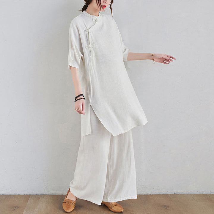 Buddha Stones 2Pcs Plain Design Zen Tai Chi Meditation Clothing Cotton Linen Top Pants Women's Set - image 14