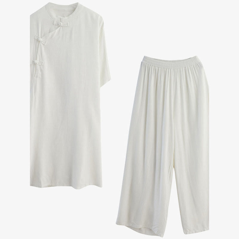 Buddha Stones 2Pcs Plain Design Zen Tai Chi Meditation Clothing Cotton Linen Top Pants Women's Set - image 18