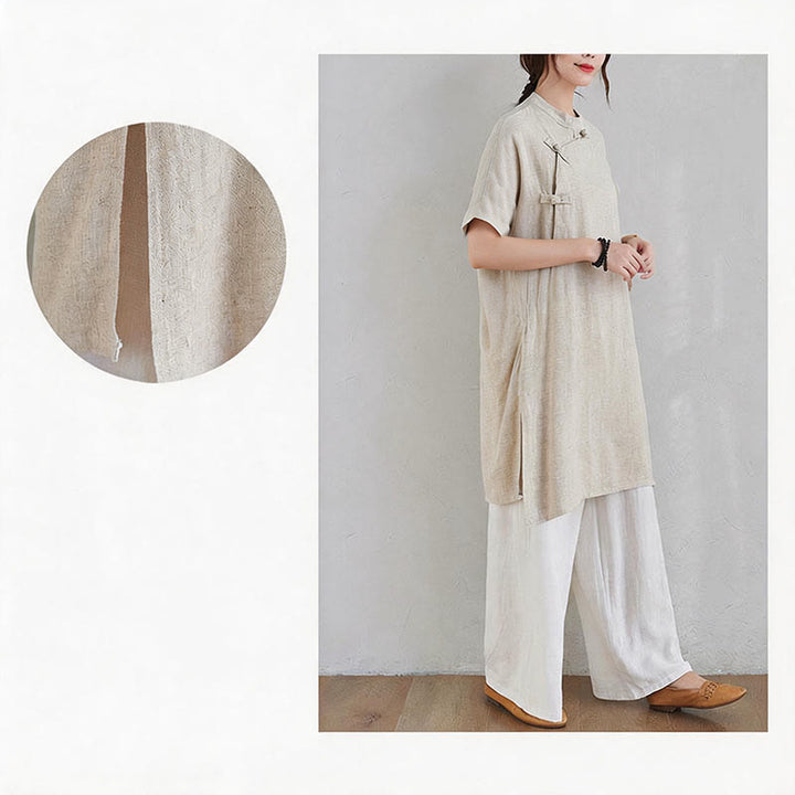 Buddha Stones 2Pcs Plain Design Zen Tai Chi Meditation Clothing Cotton Linen Top Pants Women's Set - image 10