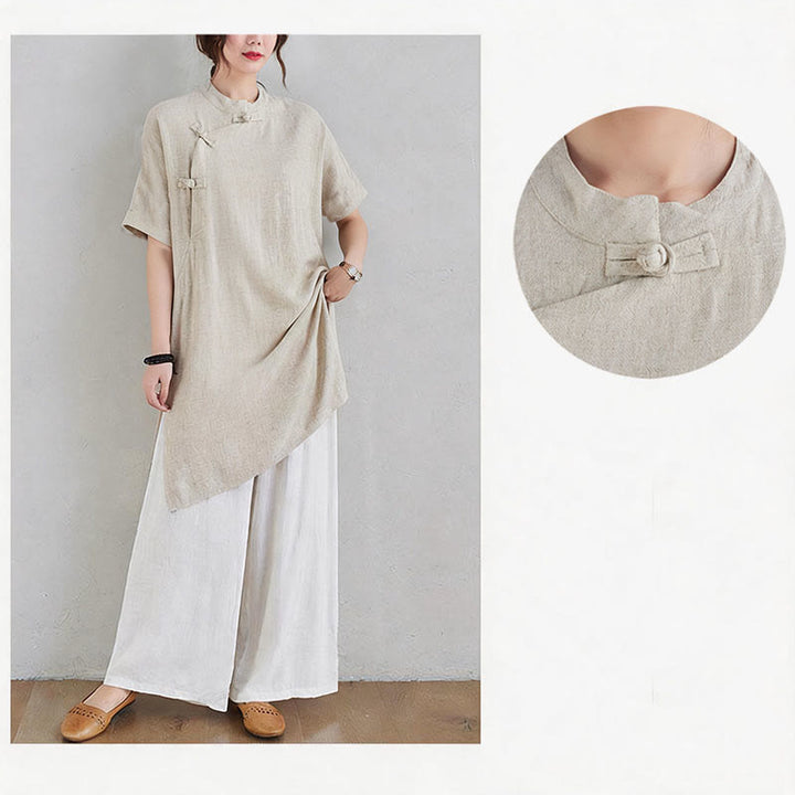 Buddha Stones 2Pcs Plain Design Zen Tai Chi Meditation Clothing Cotton Linen Top Pants Women's Set - image 9