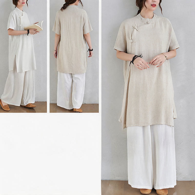 Buddha Stones 2Pcs Plain Design Zen Tai Chi Meditation Clothing Cotton Linen Top Pants Women's Set - image 12