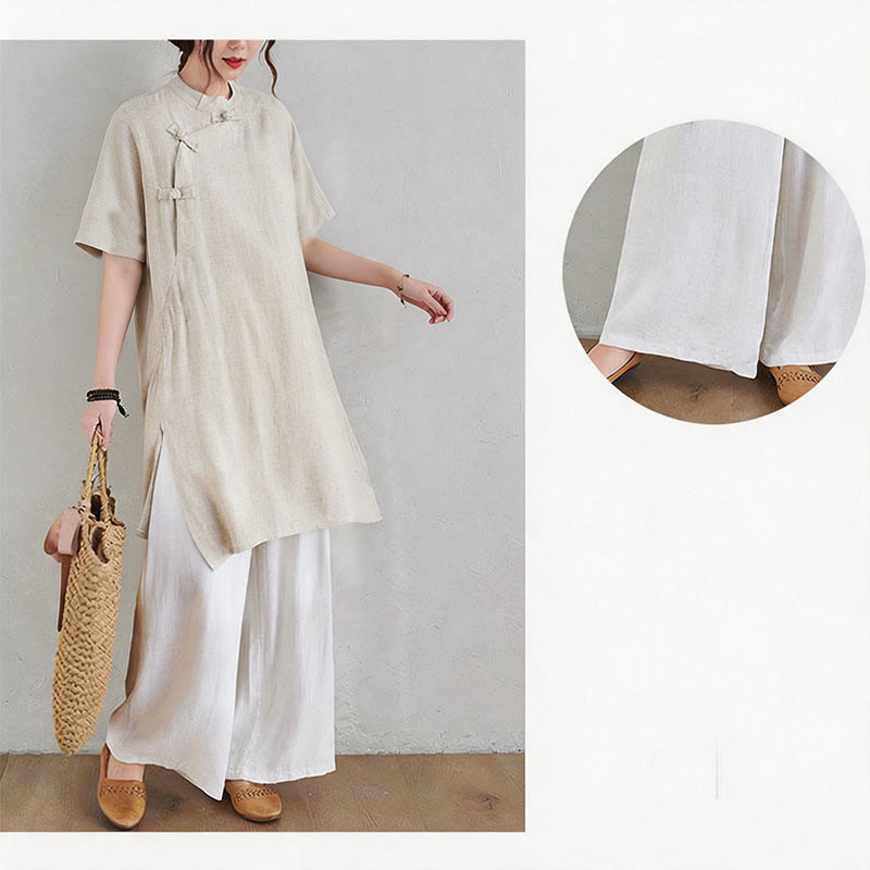Buddha Stones 2Pcs Plain Design Zen Tai Chi Meditation Clothing Cotton Linen Top Pants Women's Set - image 11