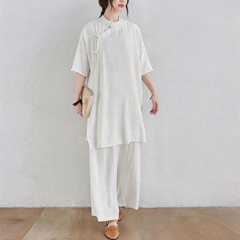 Buddha Stones 2Pcs Plain Design Zen Tai Chi Meditation Clothing Cotton Linen Top Pants Women's Set - image 16