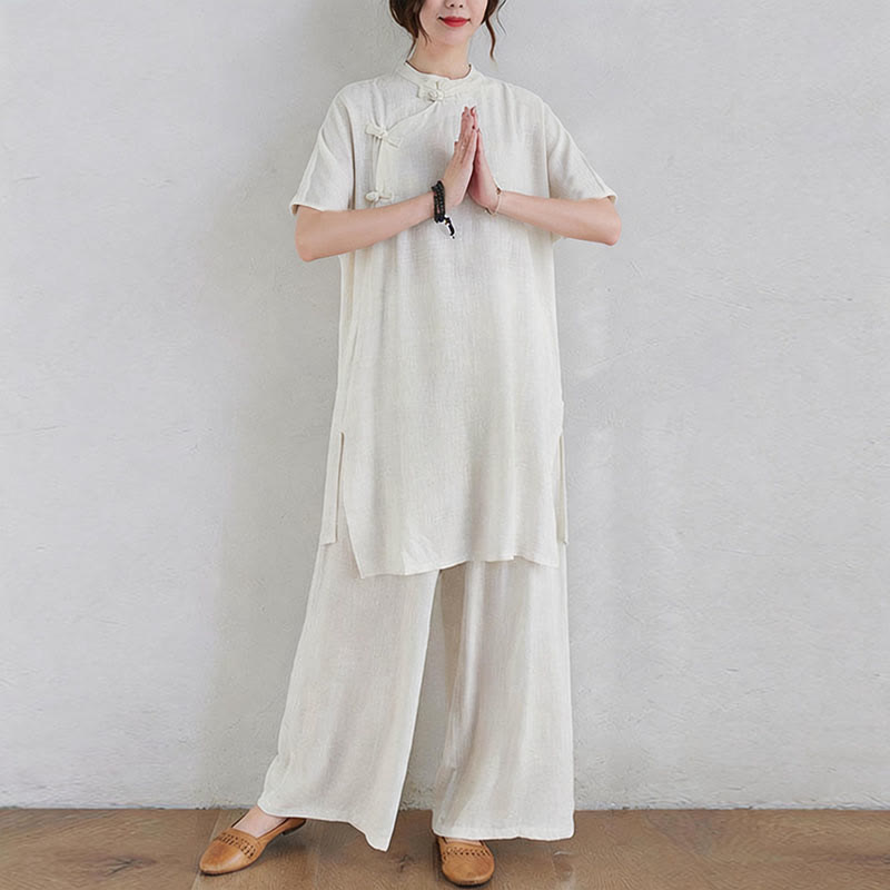 Buddha Stones 2Pcs Plain Design Zen Tai Chi Meditation Clothing Cotton Linen Top Pants Women's Set - image 15