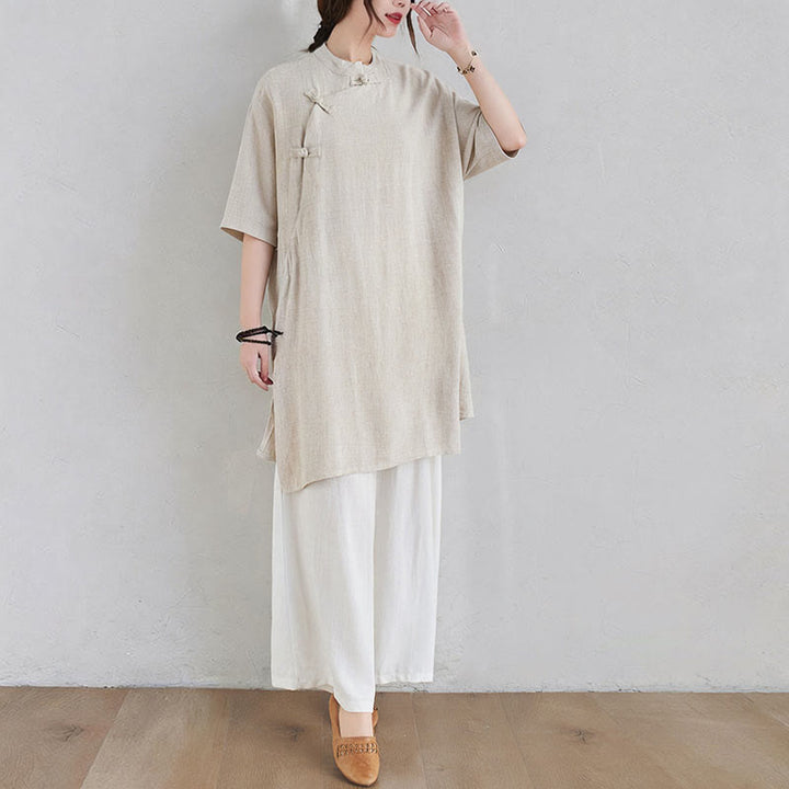 Buddha Stones 2Pcs Plain Design Zen Tai Chi Meditation Clothing Cotton Linen Top Pants Women's Set - image 3