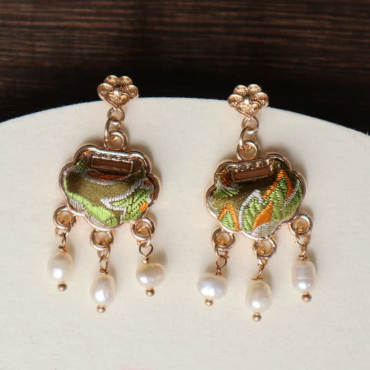 Buddha Stones Song Brocade Handcrafted Silk Art Peace Lock Pearl Protection Drop Earrings - image 2
