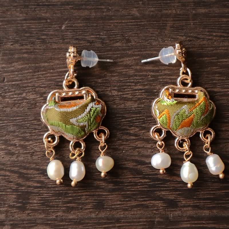 Buddha Stones Song Brocade Handcrafted Silk Art Peace Lock Pearl Protection Drop Earrings - image 3