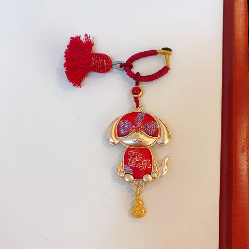 Buddha Stones Song Brocade Handmade Chinese Zodiac Tassel Lucky Keychain - Dog - Red - image 35