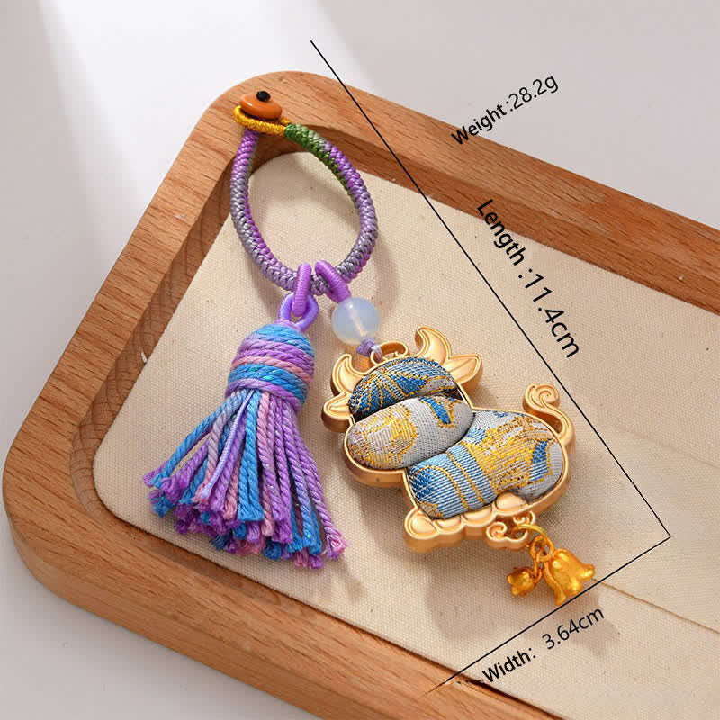 Buddha Stones Song Brocade Handmade Chinese Zodiac Luck Tassel Keychain - Ox - image 13