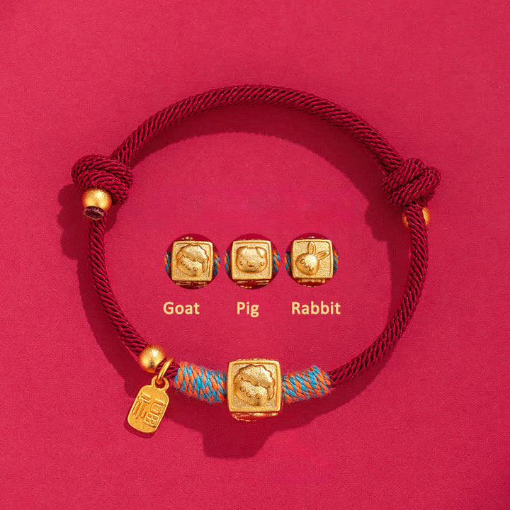 Buddha Stones Handmade Red String Chinese Zodiac Luck Fu Charm Bracelet - 999 Silver Goat Pig Rabbit Three Harmonies Red Bracelet - Silver(Blessing♥Calm) - image 0