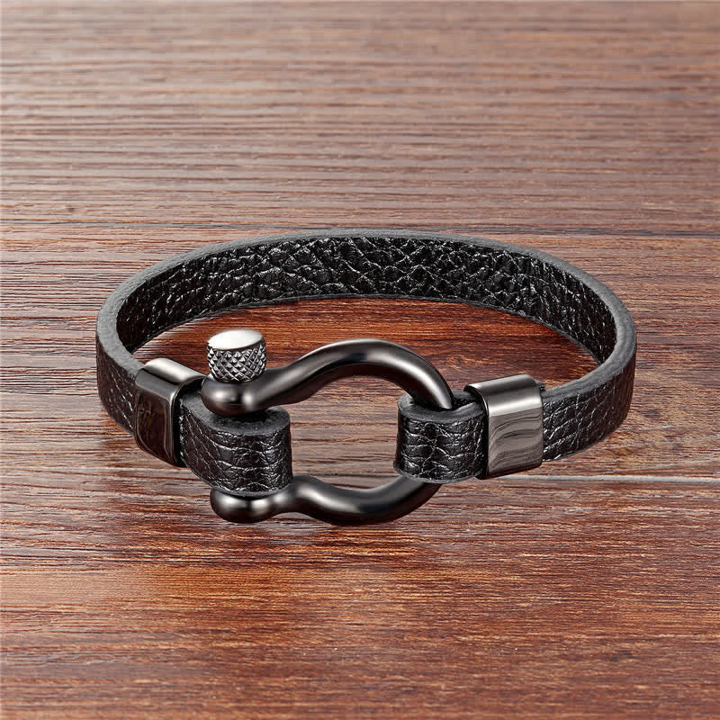 Buddha Stones Leather Titanium Steel Shackle Strength Bracelet - Black Leather Black Buckle(Wrist Circumference:18–19 cm) - image 0