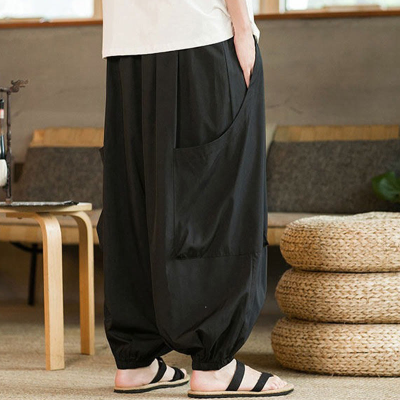 Buddha Stones Summer Casual Vintage Drawstring Solid Ankle Length Pants Men's Harem Pants With Pockets - image 3