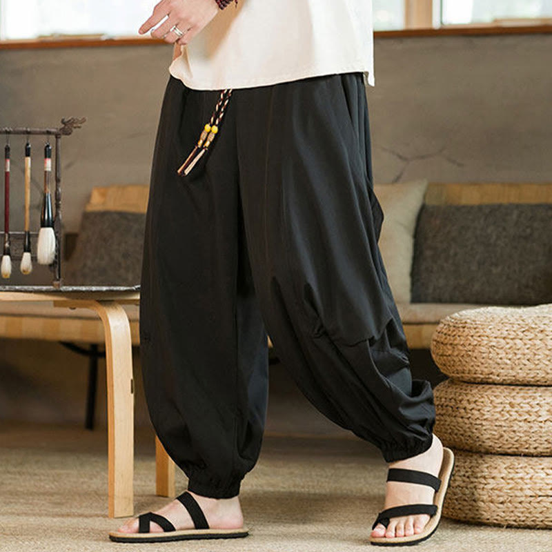 Buddha Stones Summer Casual Vintage Drawstring Solid Ankle Length Pants Men's Harem Pants With Pockets - image 5