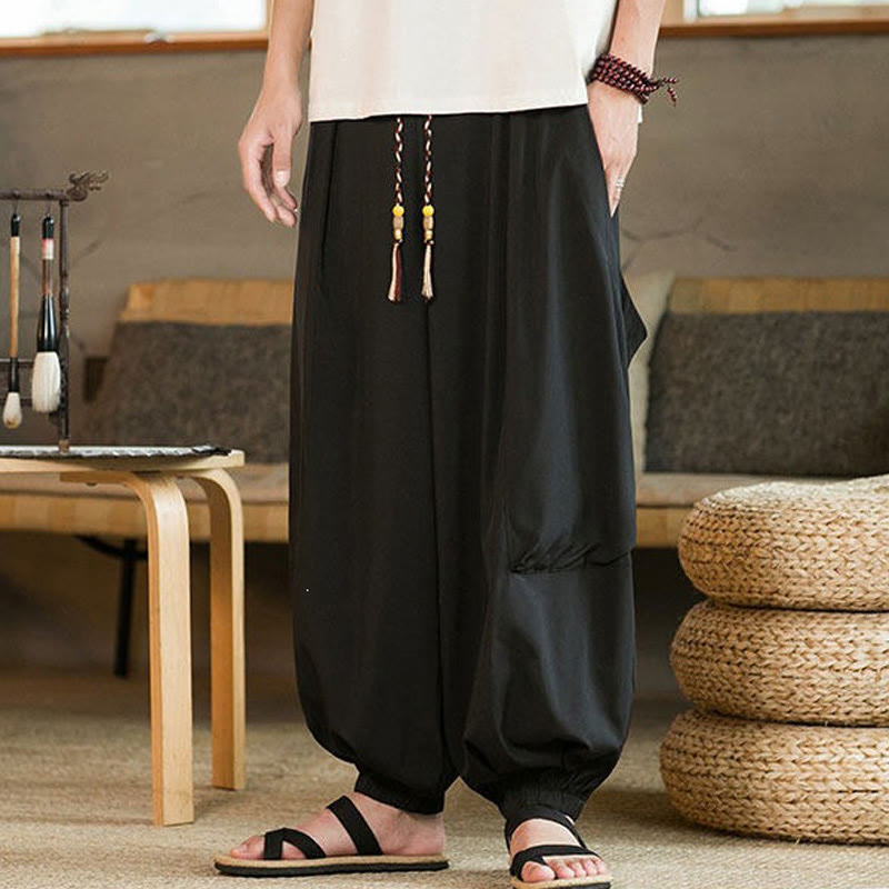 Buddha Stones Summer Casual Vintage Drawstring Solid Ankle Length Pants Men's Harem Pants With Pockets - image 7
