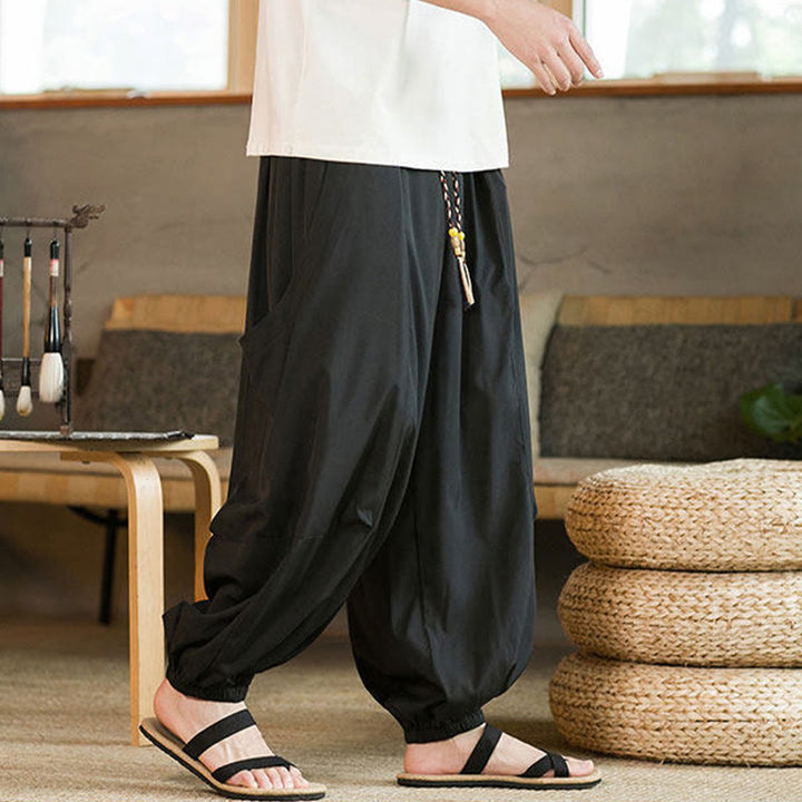 Buddha Stones Summer Casual Vintage Drawstring Solid Ankle Length Pants Men's Harem Pants With Pockets - image 4