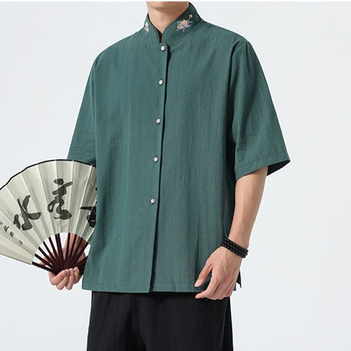 Buddha Stones Summer Tang Style Mandarin Collar Lotus Embroidery Solid Men's Shirts - image 3