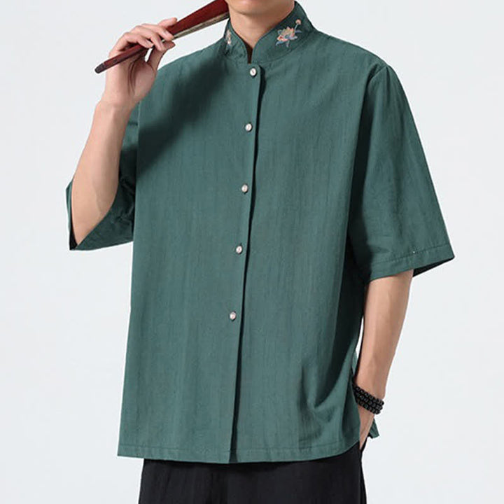 Buddha Stones Summer Tang Style Mandarin Collar Lotus Embroidery Solid Men's Shirts - image 7