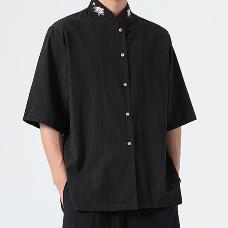 Buddha Stones Summer Tang Style Mandarin Collar Lotus Embroidery Solid Men's Shirts - image 11