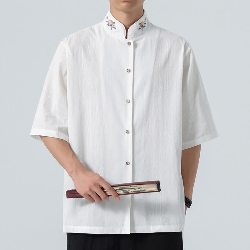 Buddha Stones Summer Tang Style Mandarin Collar Lotus Embroidery Solid Men's Shirts - White - US/UK/AU46，EU56 (5XL) - image 16