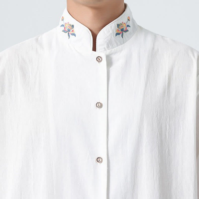Buddha Stones Summer Tang Style Mandarin Collar Lotus Embroidery Solid Men's Shirts - image 24