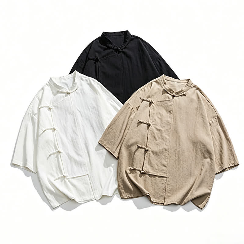 Buddha Stones Summer Tang Style Mandarin Collar Frog Button Solid Short Sleeve Men's Shirts - image 31